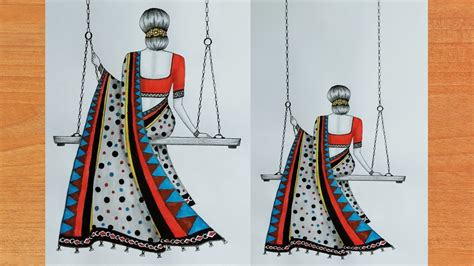 Easy drawing of a girl with sari in a cradle.